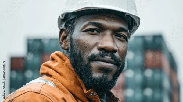 Fototapeta Portrait of a construction worker in a hard hat looking at the camera