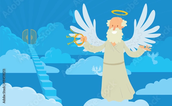 Fototapeta Vector cartoon image of a old male angel on a background of heaven. Old male angel with gray hair and beard, halo, with keys, in a white chasuble. Blue background with clouds, angels, stairs and gates