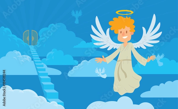 Fototapeta Vector cartoon image of a little male angel on a background of heaven. Little male angel with blond hair in a white chasuble. Blue background with clouds, angels, stairs and gates. Angel with halo.