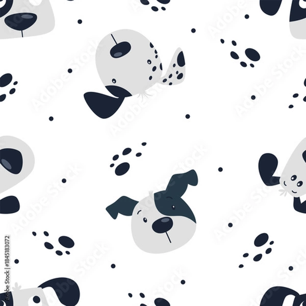 Obraz Seamless vector pattern on a white background. Cute dog faces with black spots. Vector illustration