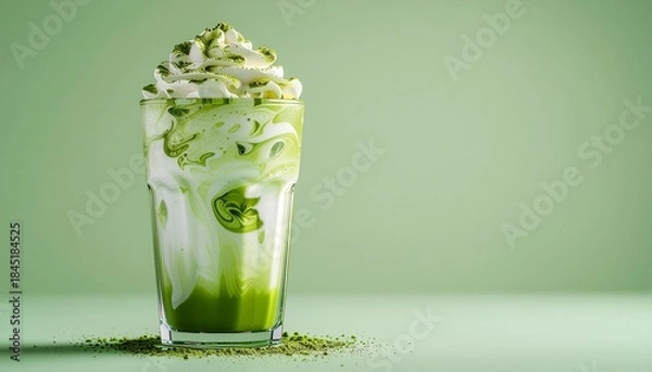 Fototapeta Iced Matcha Latte with Whipped Cream and Powder on Green Background
