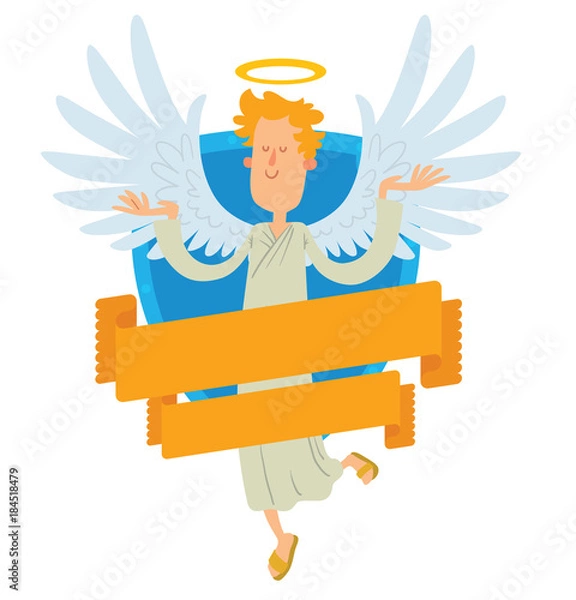 Fototapeta Vector image of emblem in the form of a blue shield and yellow banner. Emblem with cartoon male angel with blond curly hair. Angel in a white chasuble and with gold halo over head. Emblem with angel.