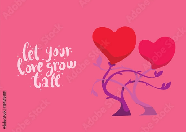 Fototapeta Vector image of pink card with two flowers in the form of hearts. Red flower buds in the form of hearts on stems with leaves on pink background. Inscription "Let your love grow tall". Valentine's Day.