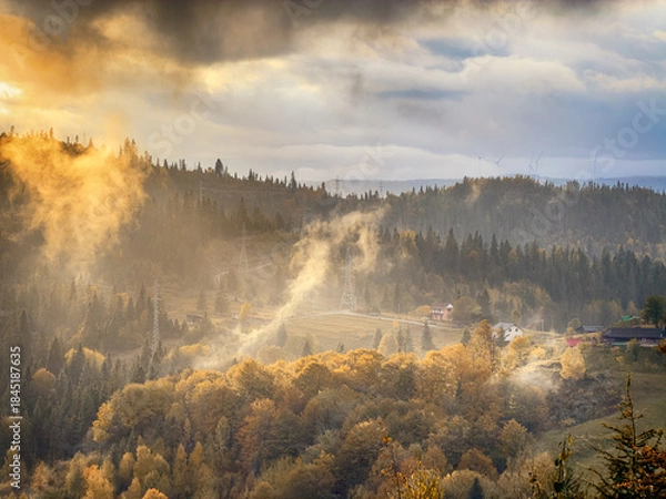 Fototapeta Sunny Autumn Carpathians with Puffy White Clouds