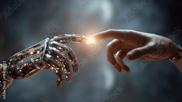 Obraz Human and robot hands touching. Future technology and artificial intelligence concept. Connection between digital cyborg android life and man person.