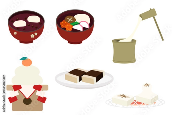 Obraz お餅イラスト素材セット（おしるこ・お雑煮・餅つき・鏡餅・焼き餅・磯辺焼き）