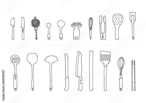Obraz 調理道具の手描きイラストセット