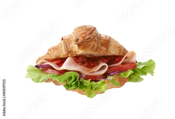 Obraz croissant with ham over white background