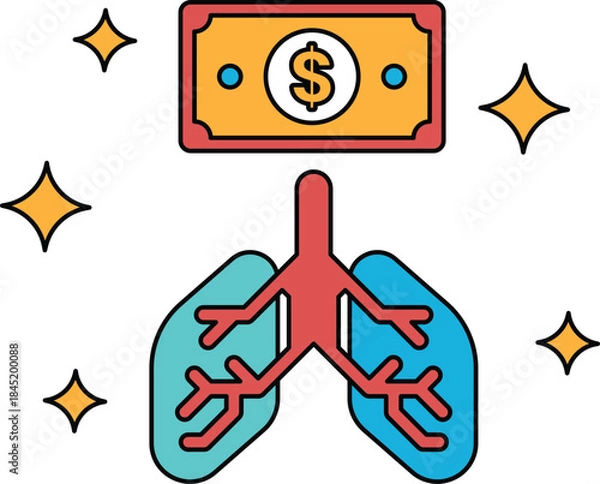 Fototapeta A dollar bill is on top of a drawing of lungs