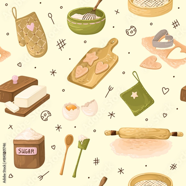 Obraz Pattern with Baking Tools. Cute Kitchen print with Pastry elements. Vector.