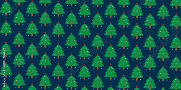 Obraz Cute Christmas tree seamless pattern with decorated evergreen icons, colorful ornament and stars on a dark background. Playful winter vector ideal for wrapping paper, textiles, wallpapers and festive.