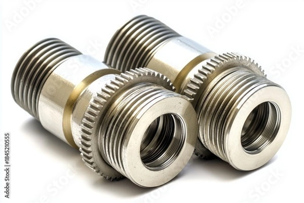 Fototapeta two isolated metal spark plug gears with female and male threads on white background