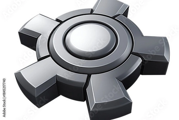 Fototapeta silver metal gear logo with triangular accents and gray blocks, cartoon game icon on white background for digital interface