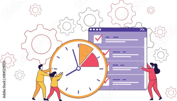 Obraz Time management and productivity illustration featuring deadline planning, task scheduling, teamwork, and workflow optimization