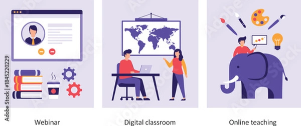 Obraz Online education and e learning illustration featuring webinar, digital classroom, virtual teaching, and creative learning concepts