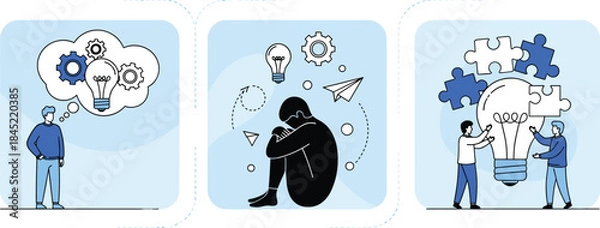 Obraz Problem solving and creative thinking illustration set featuring ideas, mental challenges, innovation process, and teamwork solutions