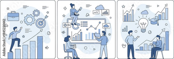 Obraz Business growth and data analytics illustration set featuring teamwork, strategy development, performance charts, and innovation concepts