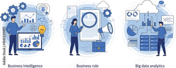 Obraz Business intelligence and big data analytics illustration set featuring business rules, dashboards, insights, and data driven decision making
