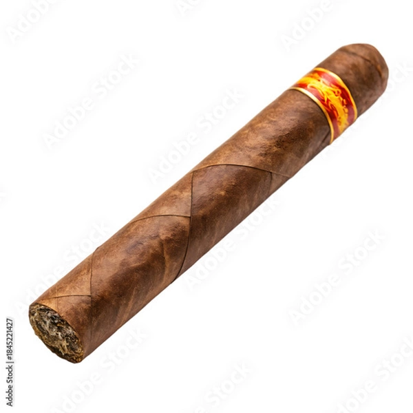 Fototapeta A single, high-quality hand-rolled cigar with a vibrant red and gold band