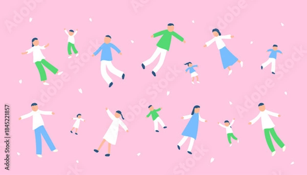 Obraz 春の宙に浮かぶ人々のイラストセット