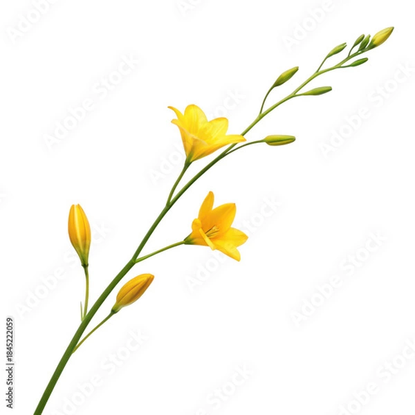 Fototapeta A vibrant yellow flower stem with buds isolated on a black background