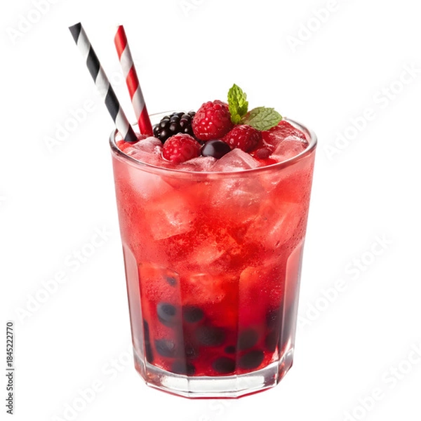 Fototapeta A refreshing summer berry cocktail with mint and ice, isolated on a black background