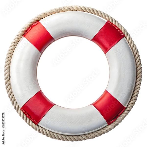 Fototapeta Close-up view of a classic white and red lifebuoy with a rope surrounding it against a black backdrop