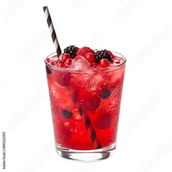 Fototapeta A refreshing glass of vibrant red berry cocktail with crushed ice and a striped straw