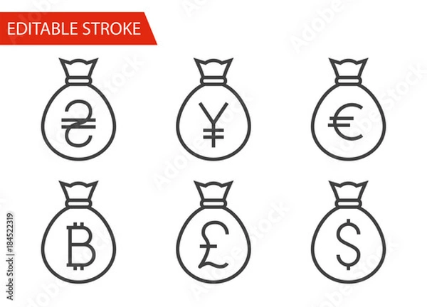 Fototapeta Bags with Money Icons Set. Thin Line Vector Illustration - Adjust stroke weight - Expand to any Size - Easy Change Colour - Editable Stroke