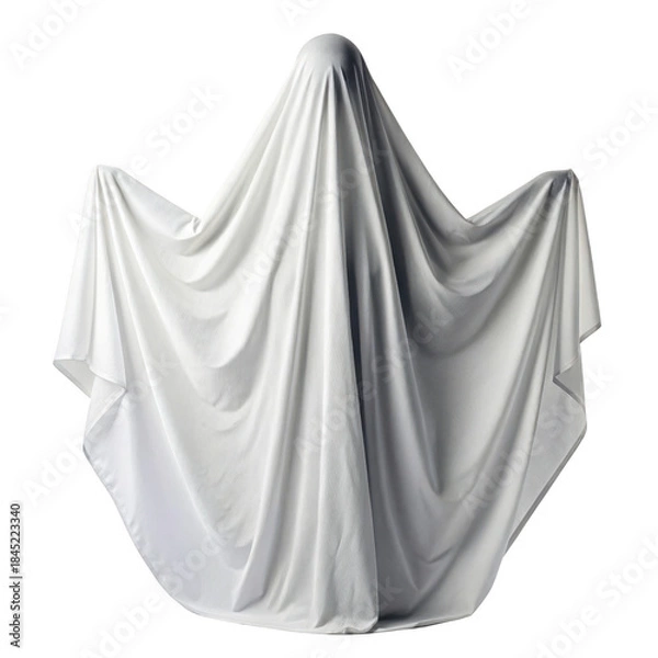 Fototapeta A mysterious white ghost figure floats with arms outstretched against a dark background for halloween