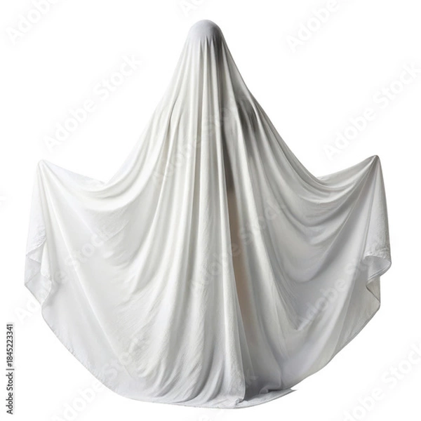 Fototapeta A person disguised as a ghost under a white sheet isolated on a black background