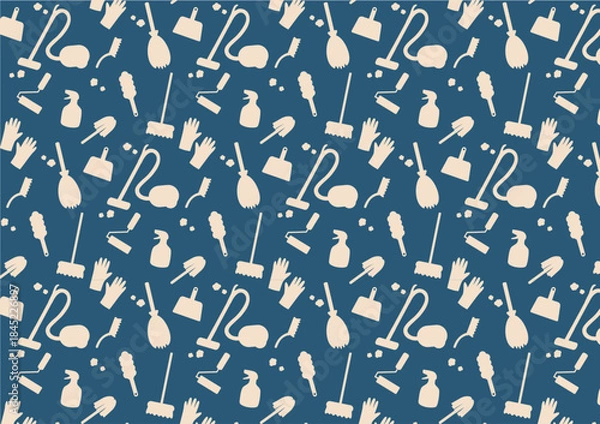 Obraz お掃除道具のシルエット柄シームレスパターン素材（レトロネイビー）