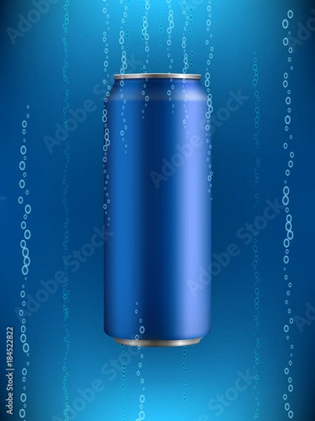 Fototapeta blue Aluminum can with drink in liquid with bubbles of gas on background with backlight