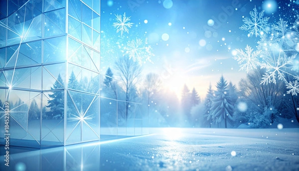 Obraz 雪原と森に降る雪と幾何学模様が織りなす冬の風景