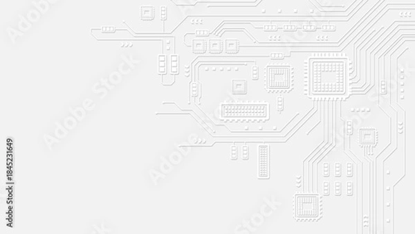 Obraz White circuit board background with embossed technology lines and geometric microchip patterns
