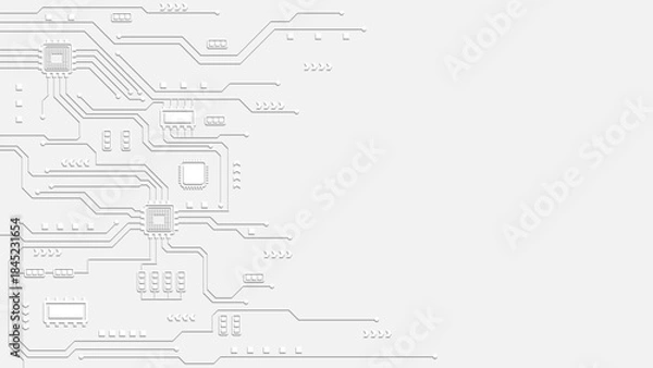 Obraz White circuit board background with embossed technology lines and geometric microchip patterns