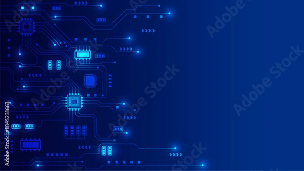 Obraz Futuristic blue technology background with glowing digital circuit board lines and microchips