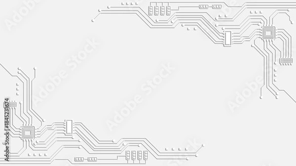 Obraz White circuit board background with embossed technology lines and geometric microchip patterns