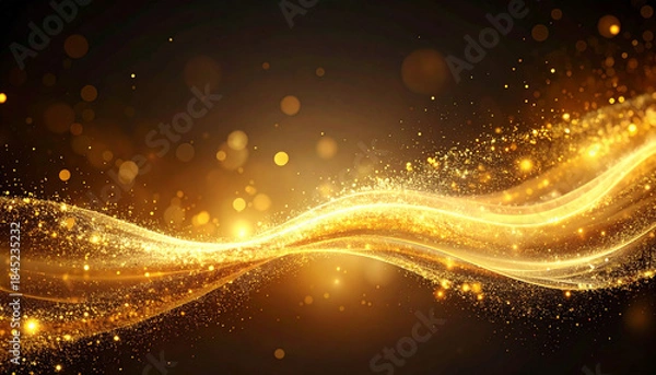 Obraz 横に流れる金色の光の波とグリッターの軌跡