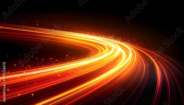 Obraz カーブを描く黄金色の光の流れと粒子の散乱