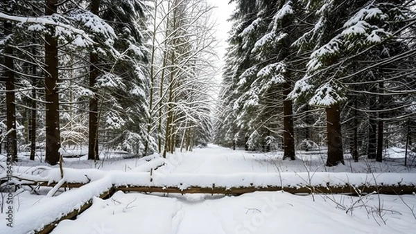 Obraz Snow covered forest path winter scenery