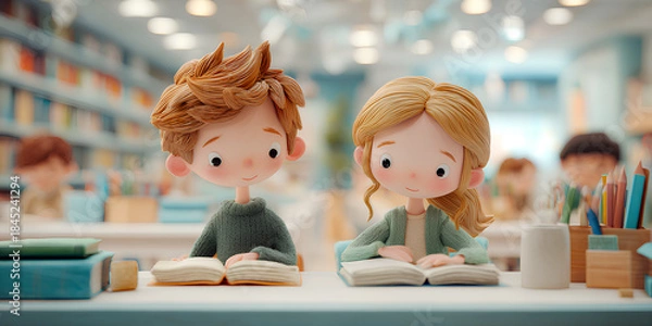 Obraz 少年と少女が過ごす図書館のやさしい3D風景イラスト/まみおデザイン
