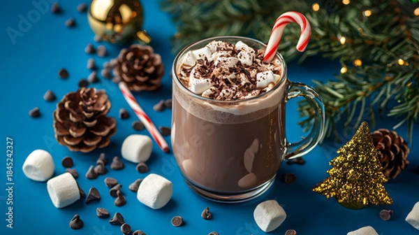 Fototapeta A cup of delicious coffee with cream, candy cane, and chocolate powder, surrounded by fir branches, Christmas tree baubles, and marshmallows on a blue floor