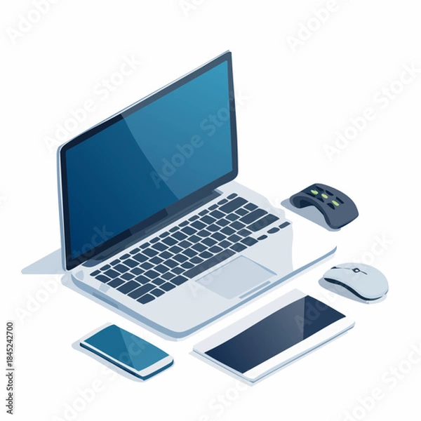 Fototapeta Isometric illustration of a laptop smartphone and computer mice on a white background.