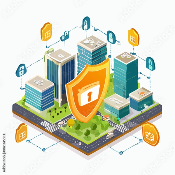Fototapeta Isometric Smart City with Cybersecurity Shield and Network Connections.