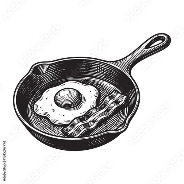 Fototapeta Frying Pan with Fried Egg and Bacon Strips
