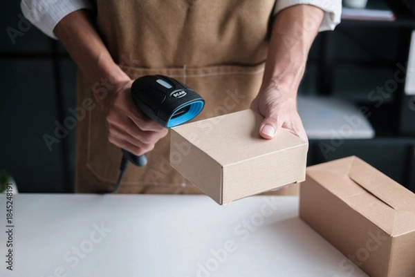 Obraz SME owner prepares shipment by scanning barcode on a small retail box