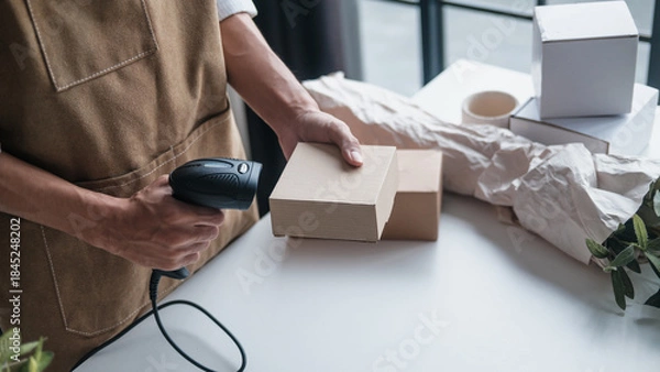 Obraz SME owner uses barcode scan on small box for ecommerce logistics