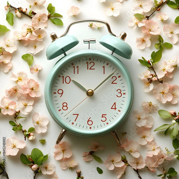 Fototapeta  Mint green alarm clock surrounded by delicate pink spring blossoms and green leaves on a white surface