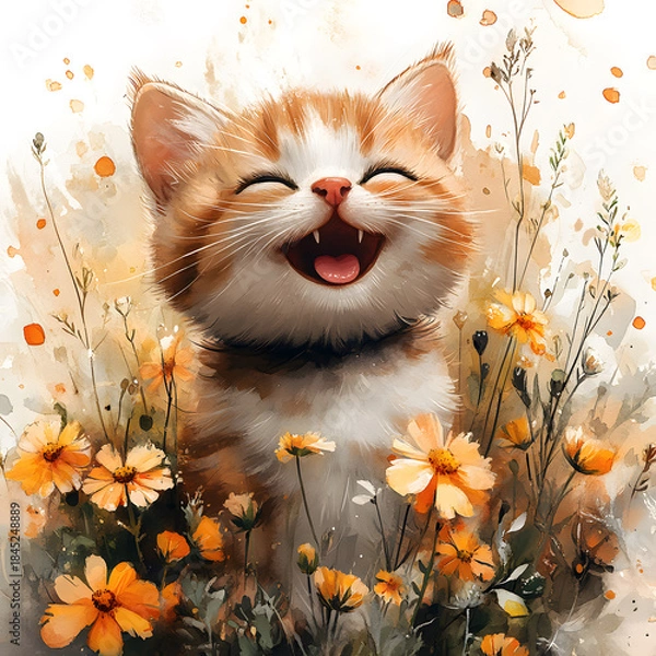 Fototapeta  Joyful ginger kitten laughing with open mouth surrounded by vibrant orange blossoms